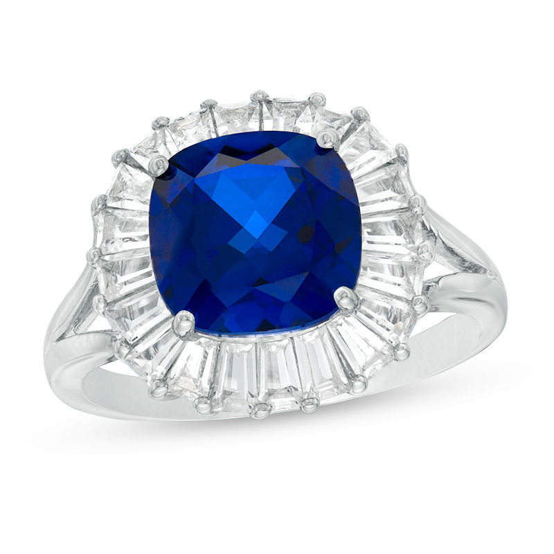 Main Image 1 of 9.0mm Cushion-Cut Lab-Created Blue and White Sapphire Frame Split Shank Ring in Sterling Silver