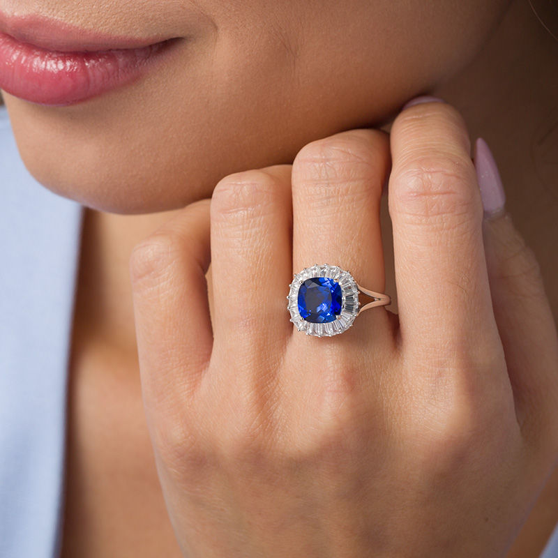 9.0mm Cushion-Cut Lab-Created Blue and White Sapphire Frame Split Shank Ring in Sterling Silver