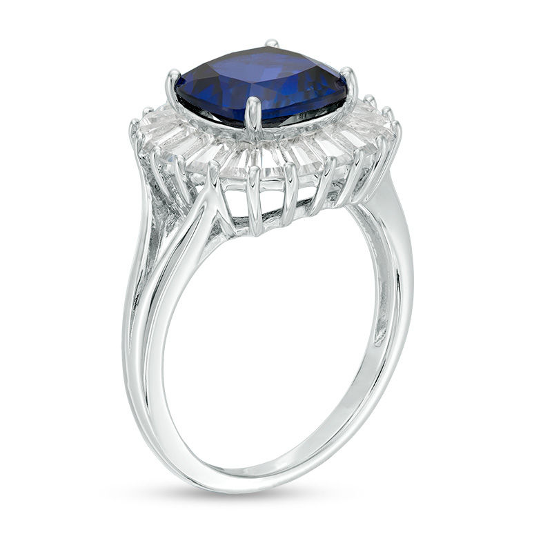 9.0mm Cushion-Cut Lab-Created Blue and White Sapphire Frame Split Shank Ring in Sterling Silver