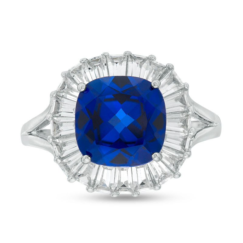 9.0mm Cushion-Cut Lab-Created Blue and White Sapphire Frame Split Shank Ring in Sterling Silver