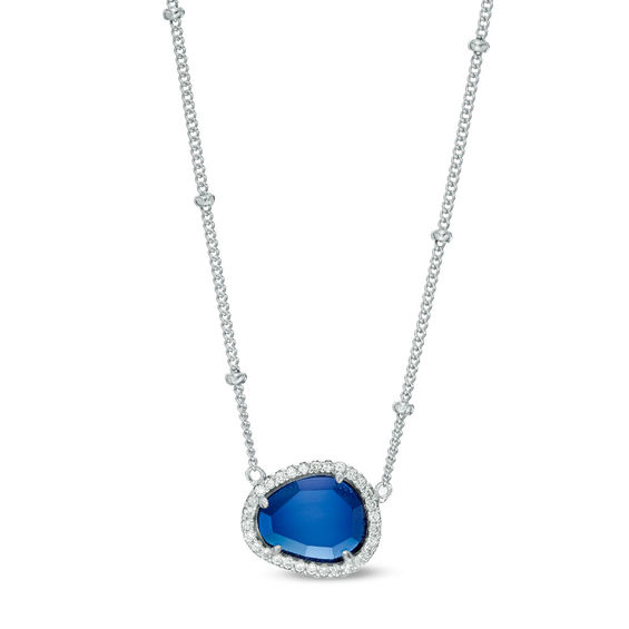 Abstract Pear-Shaped Lab-Created Blue and White Sapphire Frame Bead Station Necklace in Sterling Silver