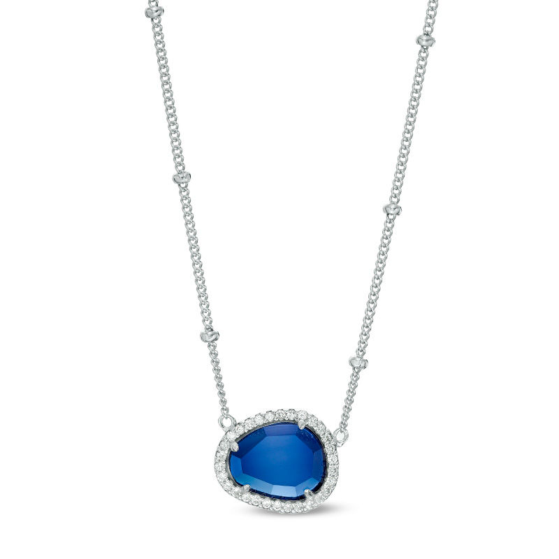 Main Image 1 of Abstract Pear-Shaped Lab-Created Blue and White Sapphire Frame Bead Station Necklace in Sterling Silver