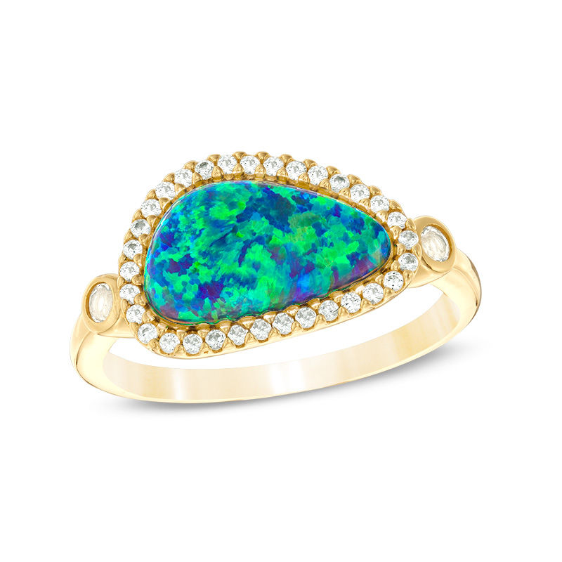 Abstract Pear-Shaped Lab-Created Blue Opal and White Sapphire Frame Ring in Sterling Silver with 18K Gold Plate