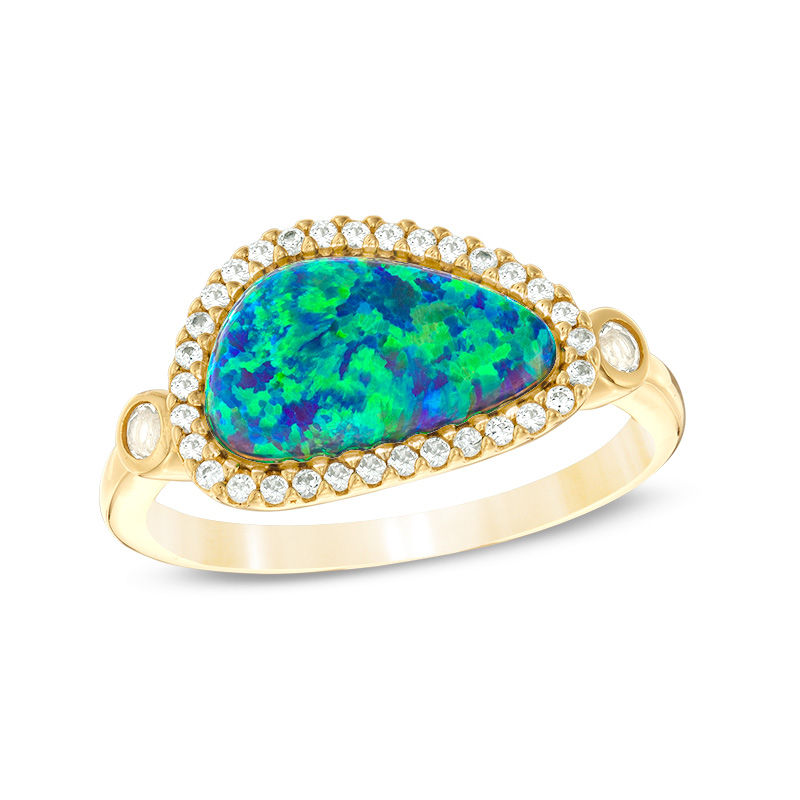 Main Image 1 of Abstract Pear-Shaped Lab-Created Blue Opal and White Sapphire Frame Ring in Sterling Silver with 18K Gold Plate