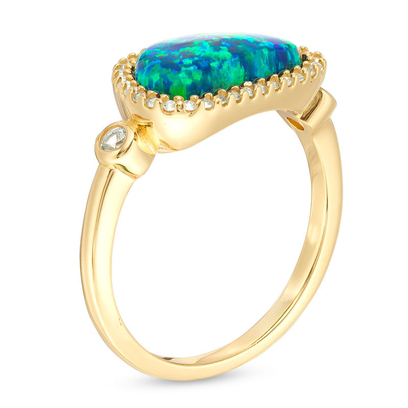 Main Image 2 of Abstract Pear-Shaped Lab-Created Blue Opal and White Sapphire Frame Ring in Sterling Silver with 18K Gold Plate