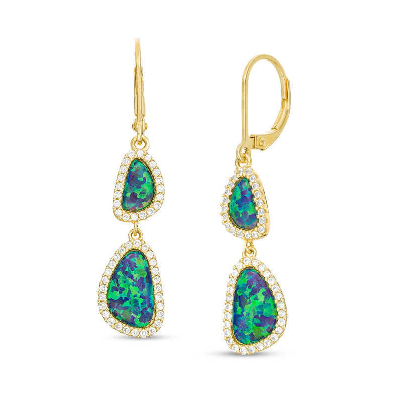 Main Image 1 of Abstract Pear-Shaped Lab-Created Blue Opal and White Sapphire Frame Drop Earrings in Sterling Silver with 18K Gold Plate