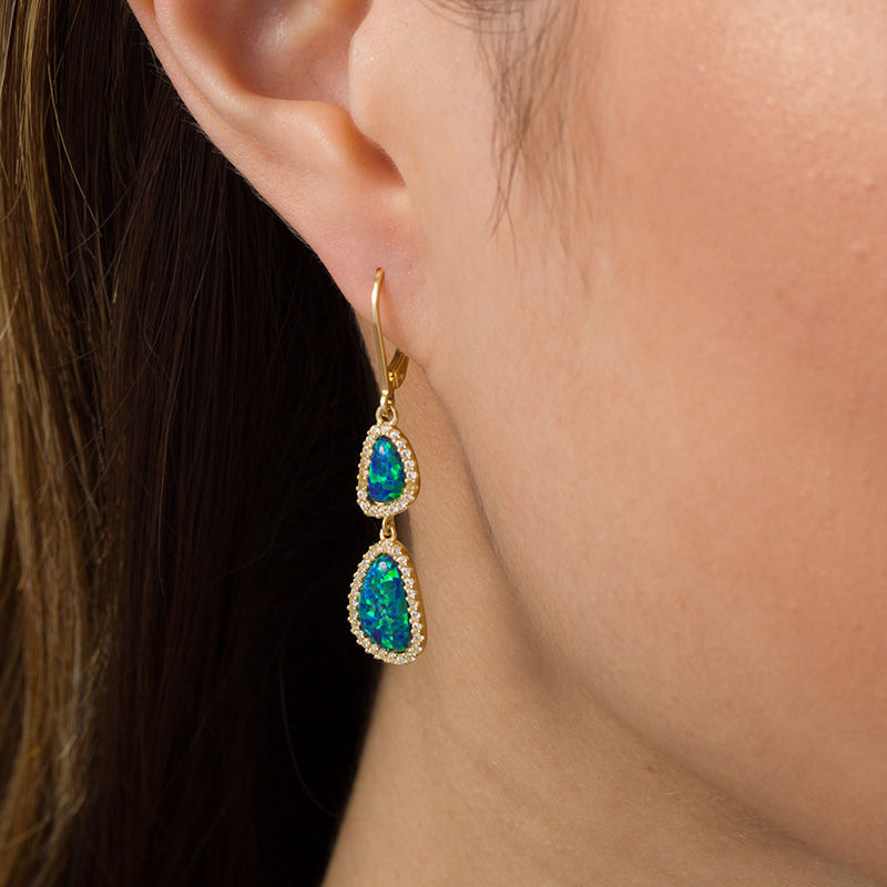 Main Image 2 of Abstract Pear-Shaped Lab-Created Blue Opal and White Sapphire Frame Drop Earrings in Sterling Silver with 18K Gold Plate