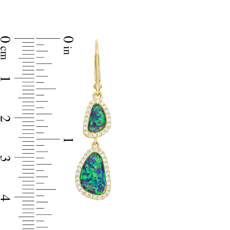 Main Image 3 of Abstract Pear-Shaped Lab-Created Blue Opal and White Sapphire Frame Drop Earrings in Sterling Silver with 18K Gold Plate