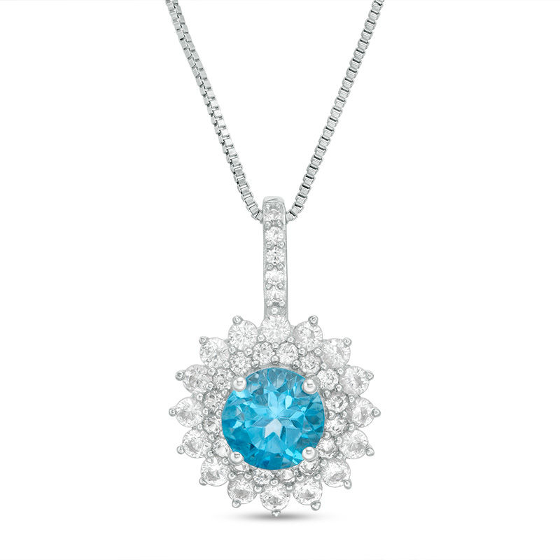Main Image 1 of 7.0mm Swiss Blue Topaz and Lab-Created White Sapphire Double Shadow Frame Pendant in Sterling Silver