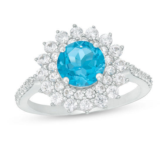 7.0mm Swiss Blue Topaz and Lab-Created White Sapphire Shadow Frame Ring in Sterling Silver