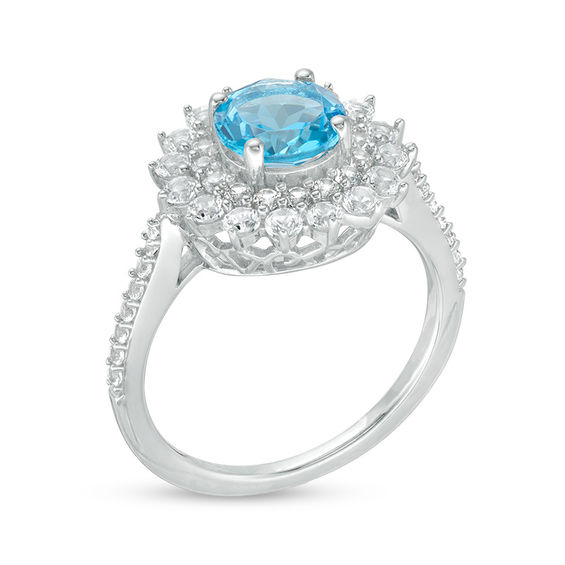 7.0mm Swiss Blue Topaz and Lab-Created White Sapphire Shadow Frame Ring in Sterling Silver