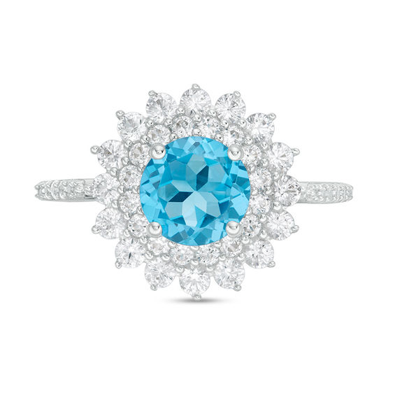 7.0mm Swiss Blue Topaz and Lab-Created White Sapphire Shadow Frame Ring in Sterling Silver