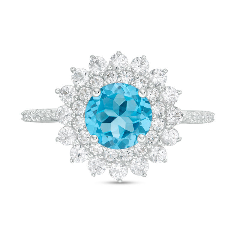 Main Image 3 of 7.0mm Swiss Blue Topaz and Lab-Created White Sapphire Shadow Frame Ring in Sterling Silver