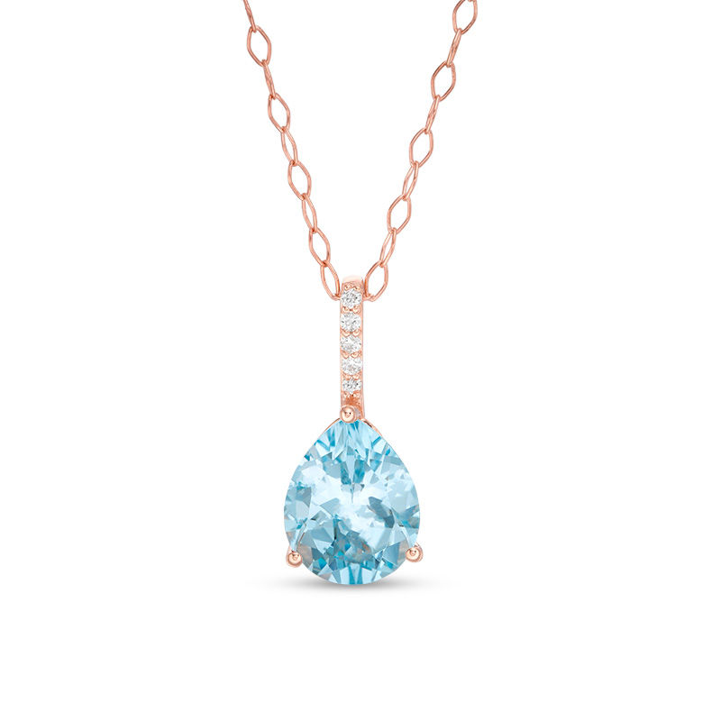 Main Image 1 of Pear-Shaped Sky Blue Topaz and 1/20 CT. T.W. Diamond Drop Pendant in 10K Rose Gold