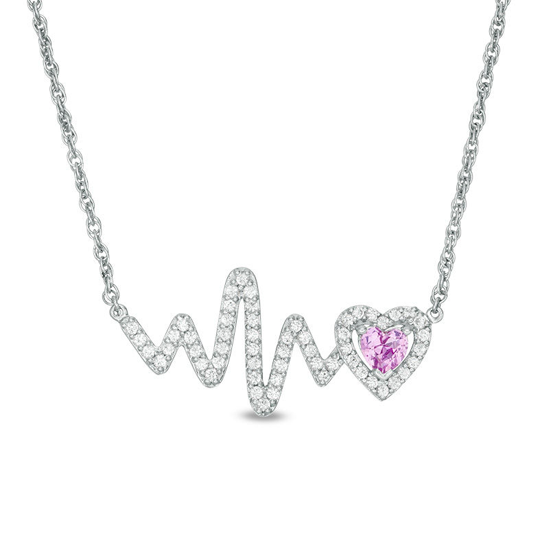 Main Image 1 of 4.0mm Heart-Shaped Lab-Created Pink and White Sapphire Heartbeat Necklace in Sterling Silver - 17"