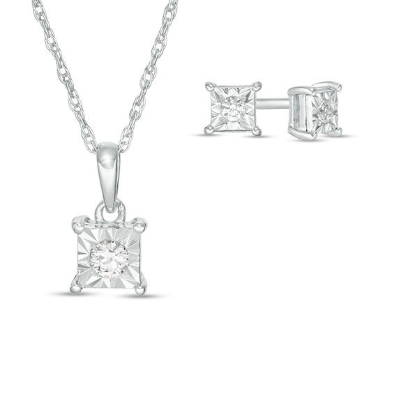 1/10 CT. T.w. Diamond Solitaire Square Pendant and Stud Earrings Set in Sterling Silver