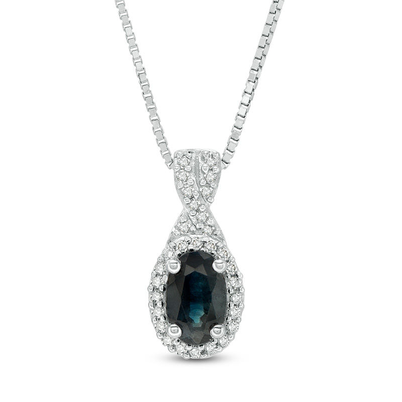 Main Image 1 of Oval Blue Sapphire and 1/10 CT. T.W. Diamond Frame Twist Drop Pendant in 10K White Gold