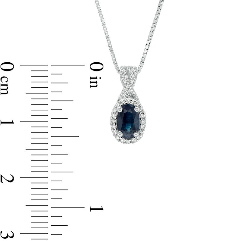 Main Image 3 of Oval Blue Sapphire and 1/10 CT. T.W. Diamond Frame Twist Drop Pendant in 10K White Gold