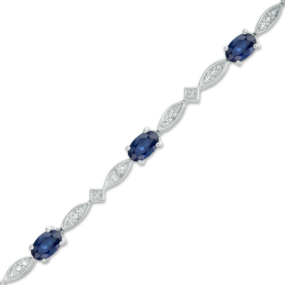 Oval Blue Sapphire and Diamond Accent Marquise Link Vintage-Style Bracelet in Sterling Silver - 7.25"