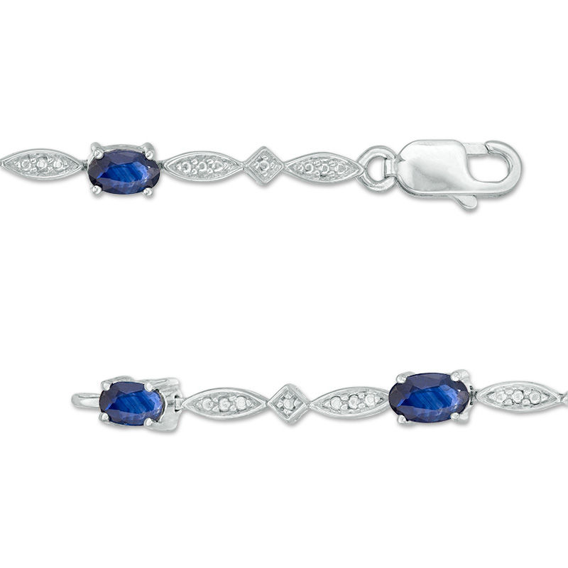 Main Image 2 of Oval Blue Sapphire and Diamond Accent Marquise Link Vintage-Style Bracelet in Sterling Silver - 7.25"