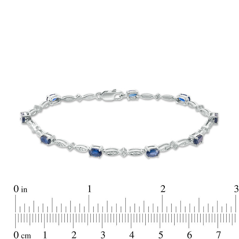 Main Image 3 of Oval Blue Sapphire and Diamond Accent Marquise Link Vintage-Style Bracelet in Sterling Silver - 7.25"