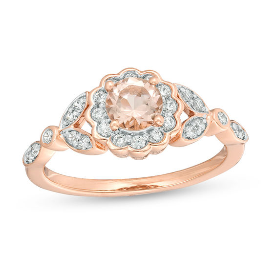 5.0mm Morganite and 1/5 CT. T.w. Diamond Flower Frame Leaf Shank Ring in 10K Rose Gold