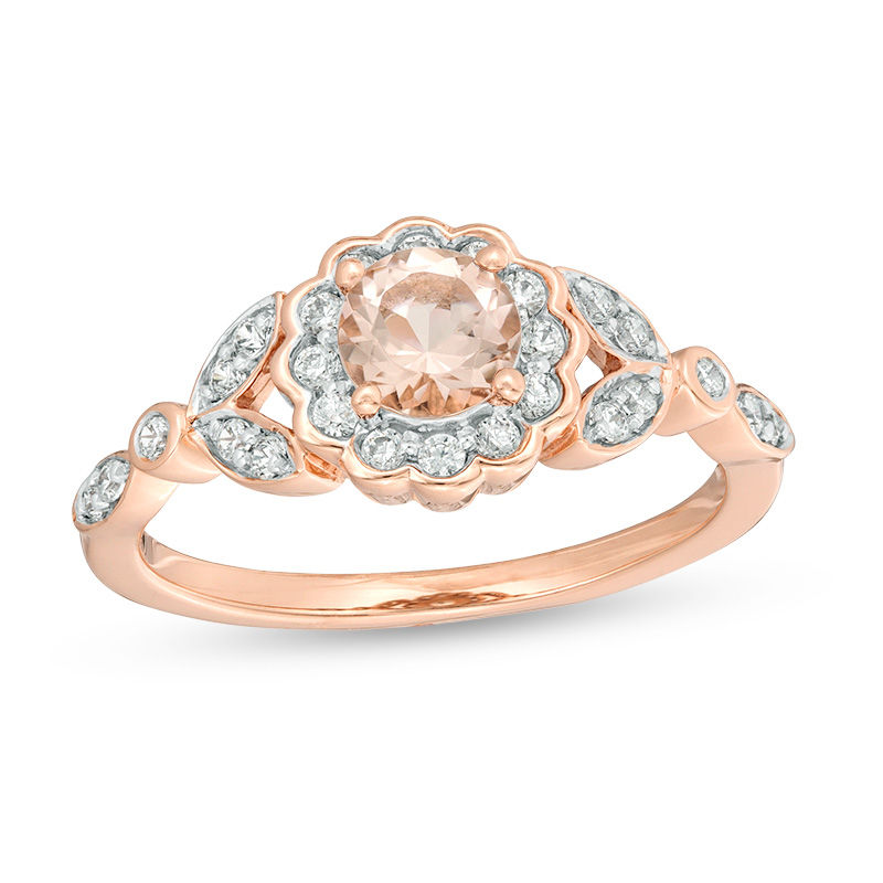 5.0mm Morganite and 1/5 CT. T.W. Diamond Flower Frame Leaf Shank Ring in 10K Rose Gold