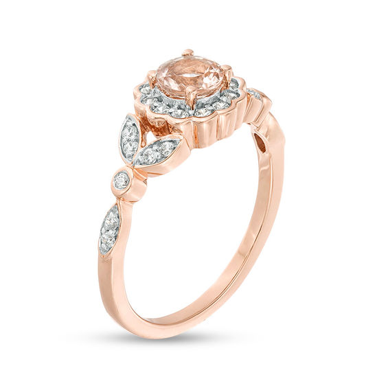 5.0mm Morganite and 1/5 CT. T.w. Diamond Flower Frame Leaf Shank Ring in 10K Rose Gold