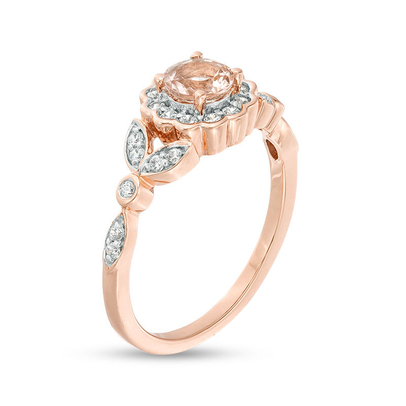 5.0mm Morganite and 1/5 CT. T.W. Diamond Flower Frame Leaf Shank Ring in 10K Rose Gold