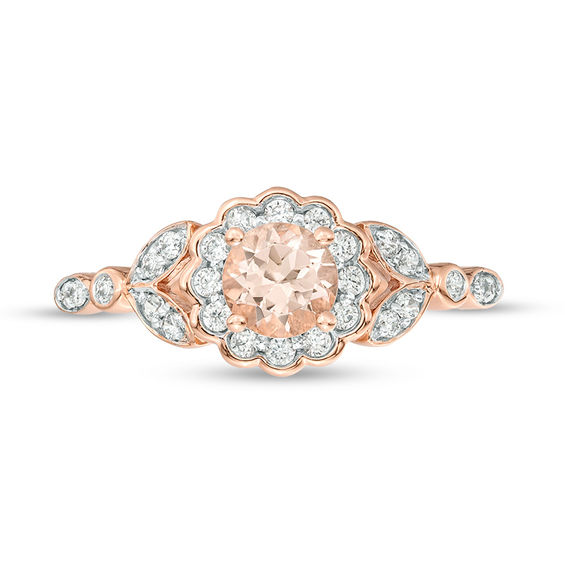 5.0mm Morganite and 1/5 CT. T.w. Diamond Flower Frame Leaf Shank Ring in 10K Rose Gold