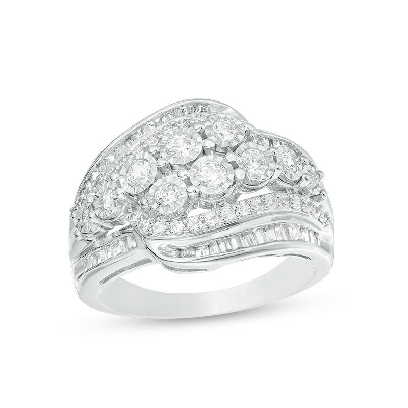 Main Image 1 of 1 CT. T.W. Baguette and Round Diamond Multi-Row Bypass Ring in Sterling Silver
