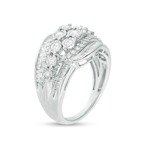 1 CT. T.w. Baguette and Round Diamond Multi-Row Bypass Ring in Sterling Silver
