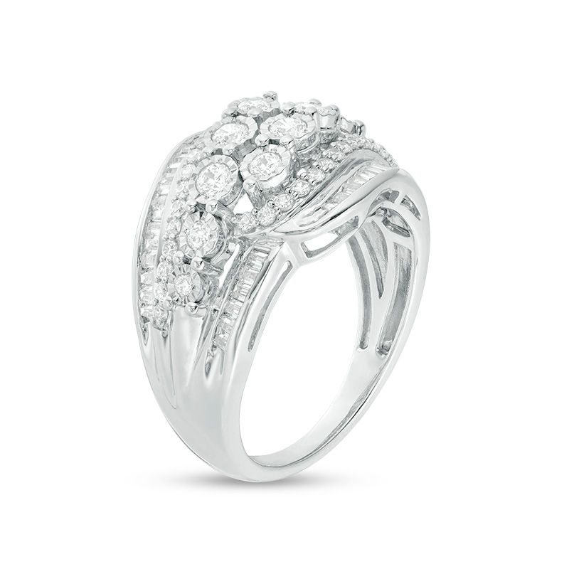Main Image 2 of 1 CT. T.W. Baguette and Round Diamond Multi-Row Bypass Ring in Sterling Silver