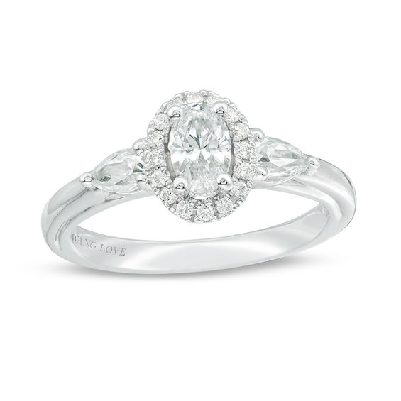 Vera Wang Love Collection 1 CT. T.w. Oval Diamond Three Stone Frame Engagement Ring in 14K White Gold