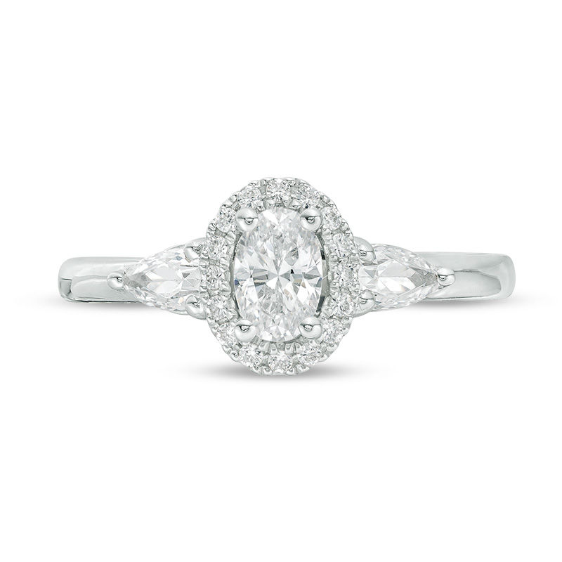 Main Image 4 of Vera Wang Love Collection 1 CT. T.W. Oval Diamond Three Stone Frame Engagement Ring in 14K White Gold