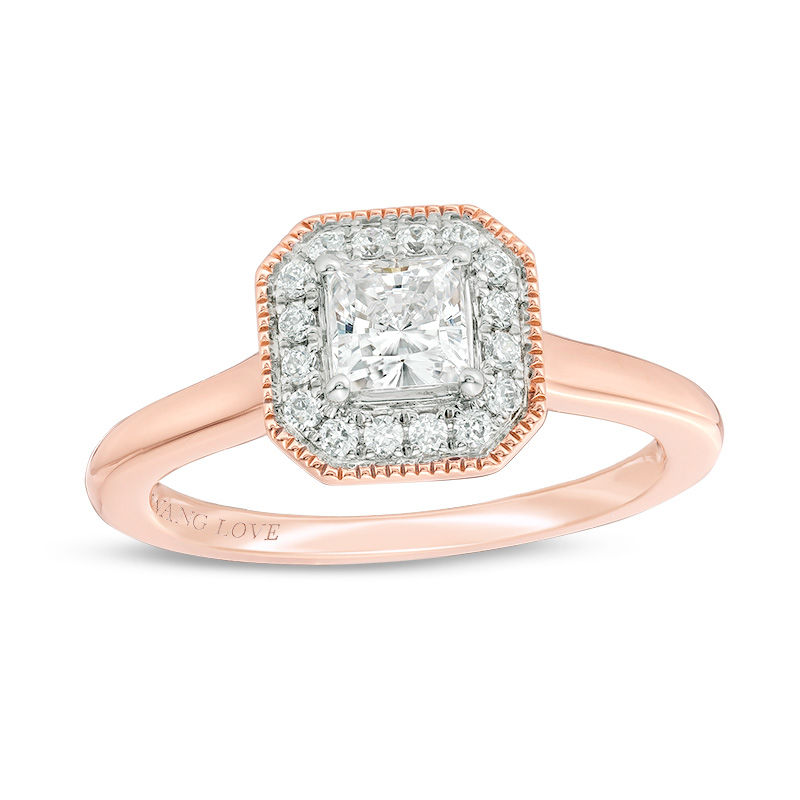 Vera Wang Love Collection 5/8 CT. T.W. Princess-Cut Diamond Frame Vintage-Style Engagement Ring in 14K Rose Gold