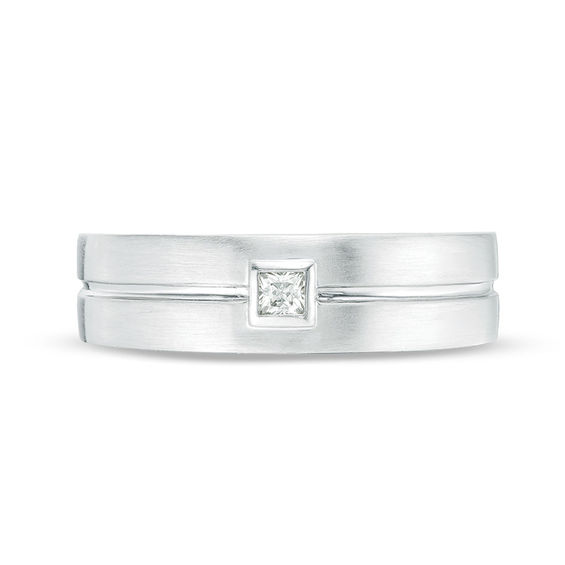 Vera Wang Love Collection Menâs 1/15 CT. Square Diamond Solitaire Center Groove Wedding Band in 14K White Gold