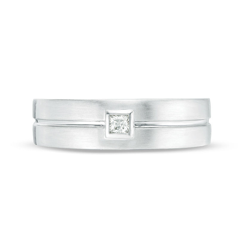 Vera Wang Love Collection Men’s 1/15 CT. Square Diamond Solitaire Center Groove Wedding Band in 14K White Gold