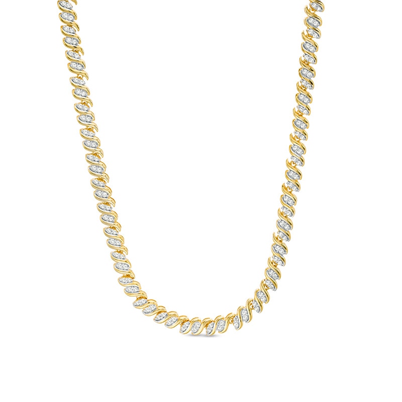 Main Image 1 of 2 CT. T.W. Diamond Two-Stone "S" Curve Tennis Necklace in Sterling Silver with Yellow Rhodium - 17"