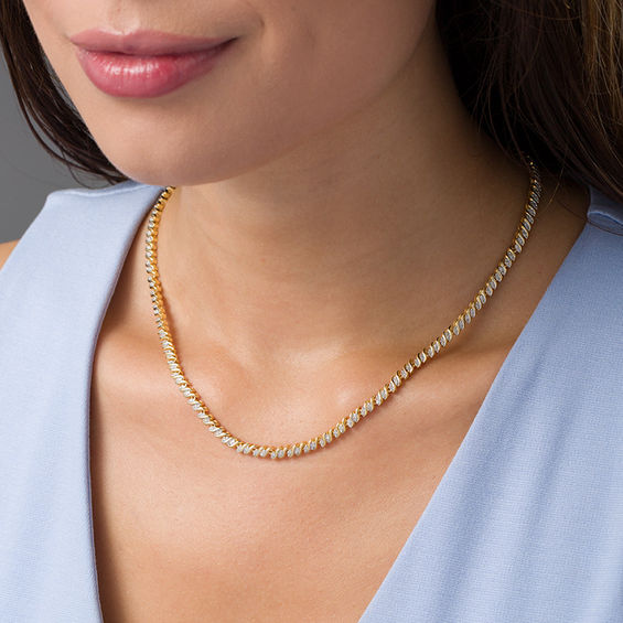 1 CT. T.w. Diamond Two-Stone "S" Curve Tennis Necklace in Sterling Silver with Yellow Rhodium - 17"