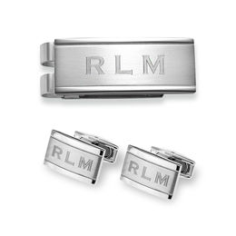 Men's Engravable Multi-Textured Money Clip and Cuff Links Set in Stainless Steel (1 Line)