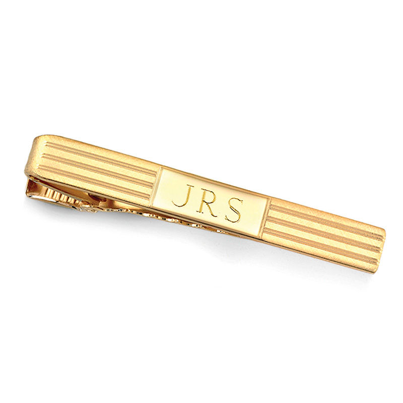 Men's Engravable Striped Tie Bar in Brass with 18K Gold Plate (3 Initials)