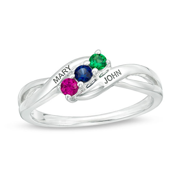 Mother's Birthstone Split Shank Twist Ring (3 Stones and 2 Names)
