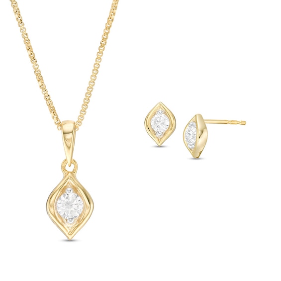 1/2 CT. T.w. Diamond Solitaire Flame Pendant and Stud Earrings Set in 10K Gold