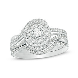 1/2 CT. T.W. Diamond Double Frame Bypass Vintage-Style Bridal Set in 10K White Gold