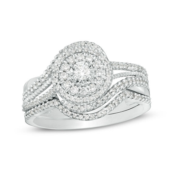 1/2 CT. T.w. Diamond Double Frame Bypass Vintage-Style Bridal Set in 10K White Gold
