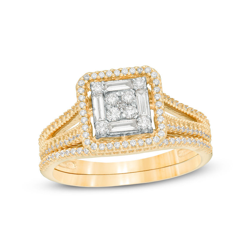 5/8 CT. T.W. Quad Diamond Double Frame Vintage-Style Bridal Set in 10K Gold