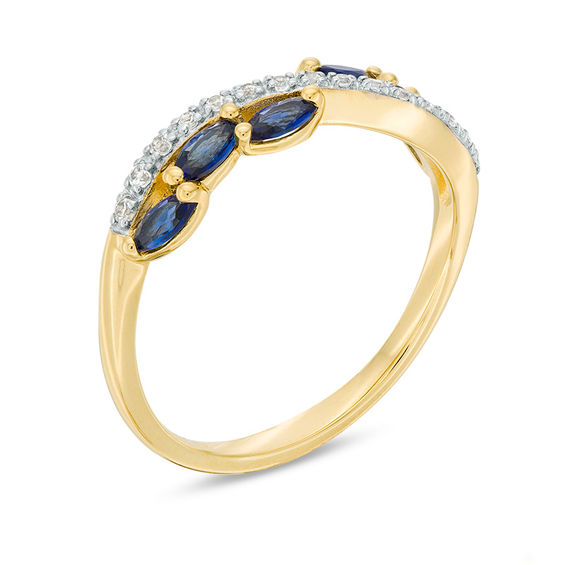 Marquise Blue Sapphire and 1/15 CT. T.w. Diamond Swirl Ribbon Ring in 10K Gold