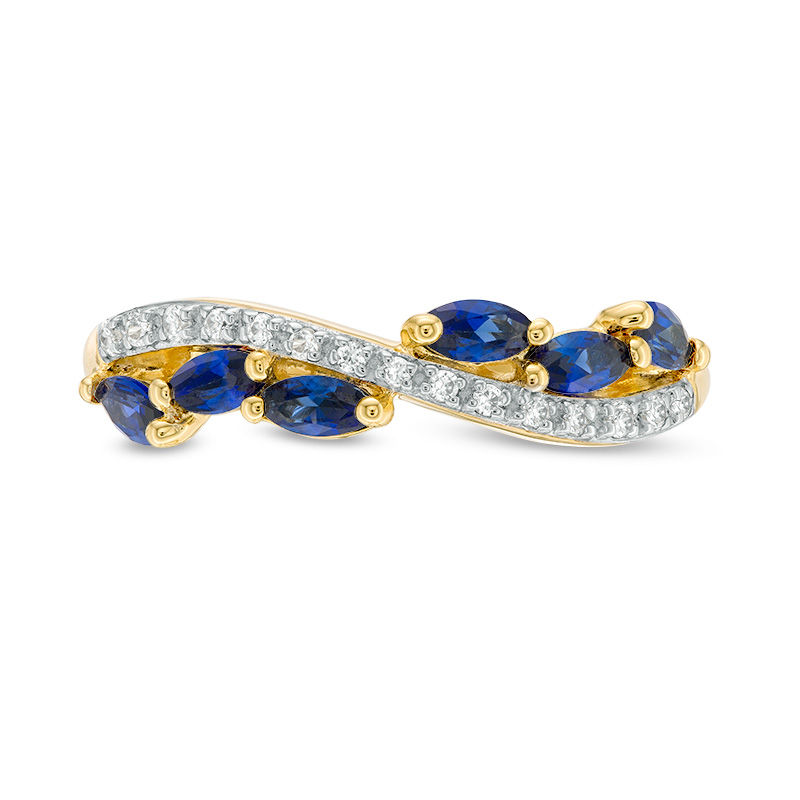 Main Image 4 of Marquise Blue Sapphire and 1/15 CT. T.W. Diamond Swirl Ribbon Ring in 10K Gold
