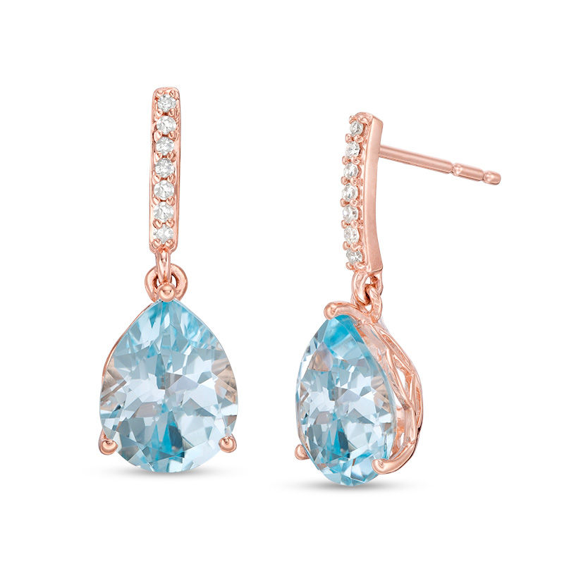 Main Image 1 of Pear-Shaped Sky Blue Topaz and 1/15 CT. T.W. Diamond Drop Earrings in 10K Rose Gold